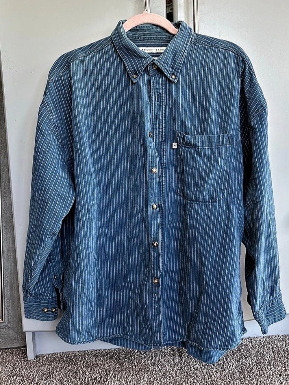 Robert Stock Striped Cotton Button-Down in Blue Size Large